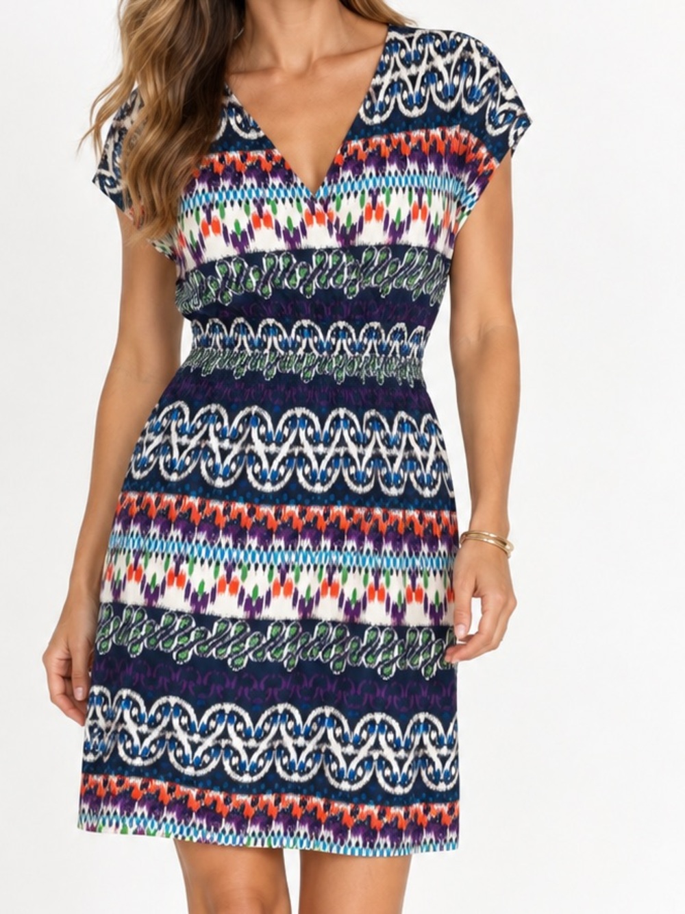 Tory Burch 100% Silk Ikat Print Smocked Waist Midi Dress M